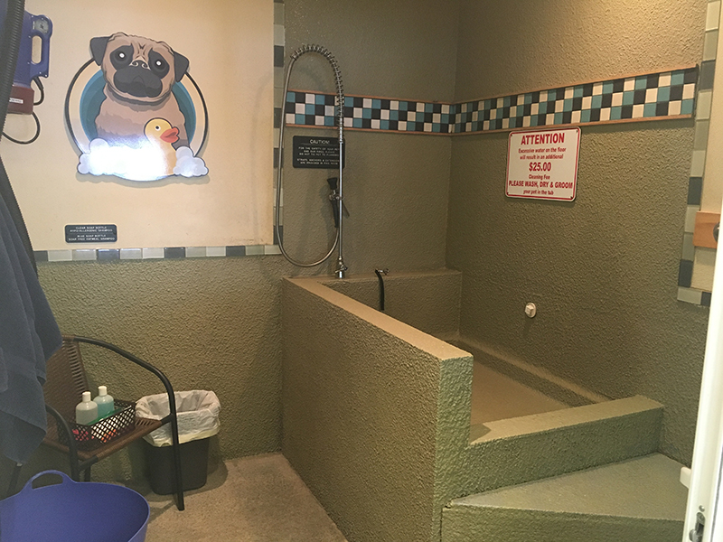 One of our pet bath washrooms. Once you bring your pet inside, you can close the sliding door to keep your buddy in the washroom with you. 